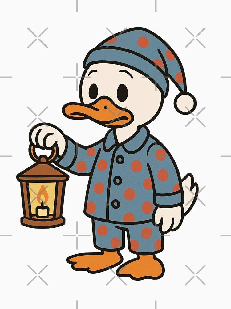 Sleepy Duck in Polka Dot Pajamas with Lantern – Cute Cartoon Style by Confuzz1ed