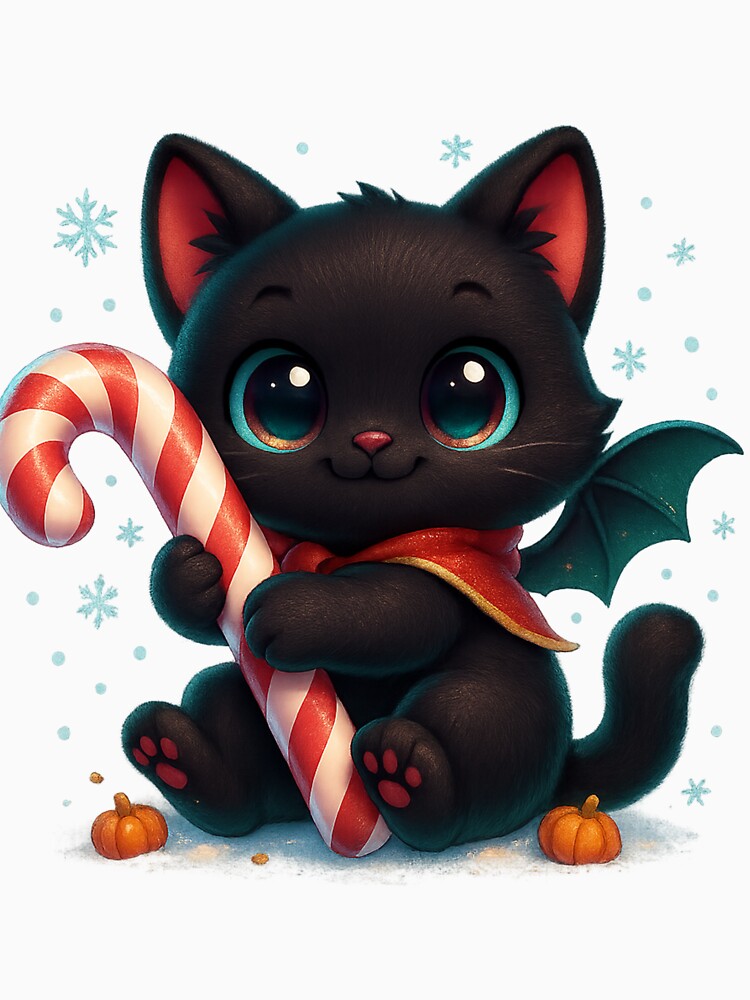 Kawaii Kitty Hugging Giant Candy Cane | Cozy Christmas Cat by PrintCreations9