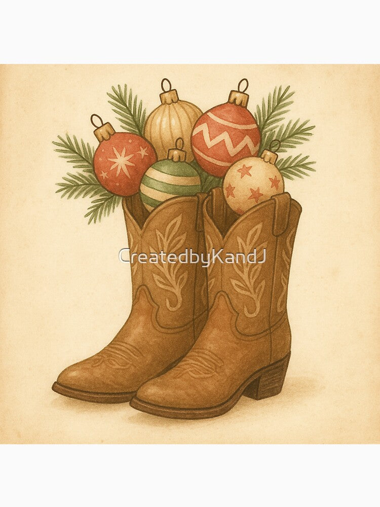 Retro Western Cowboy Boots Christmas Art by CreatedbyKandJ