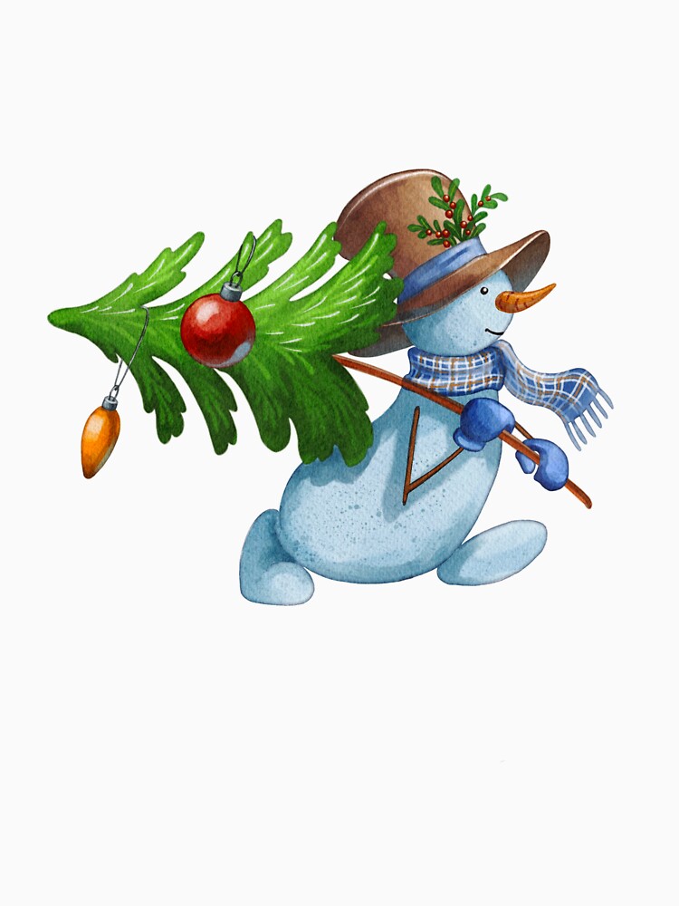 Christmas Snowman Decorating a Christmas Tree – Winter Holiday Illustration by Ms. Iryna