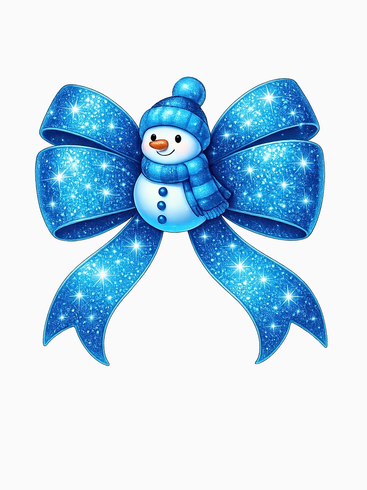 Sparkling Blue Glitter Christmas Bow with Cute Snowman by MujernDesignArt