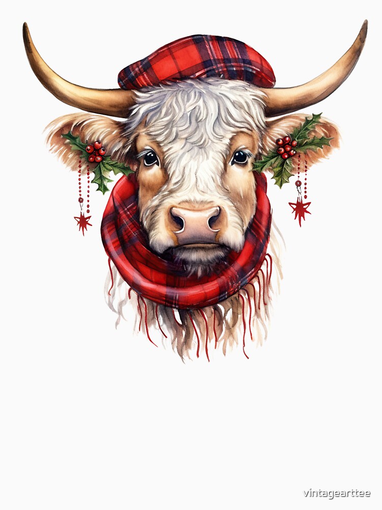 Red Plaid Coquette bow Highland Cow by vintagearttee