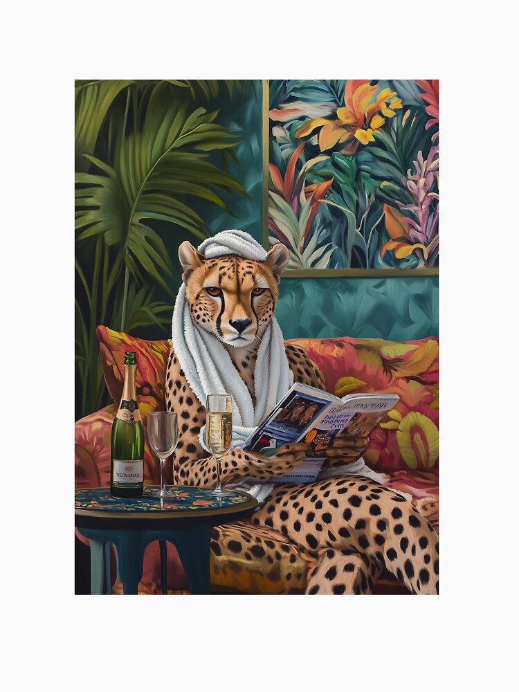 Spa Day, Cheetah Relaxing with Champagne - Eclectic Animal Art, Leopard by XYZnewDesigns
