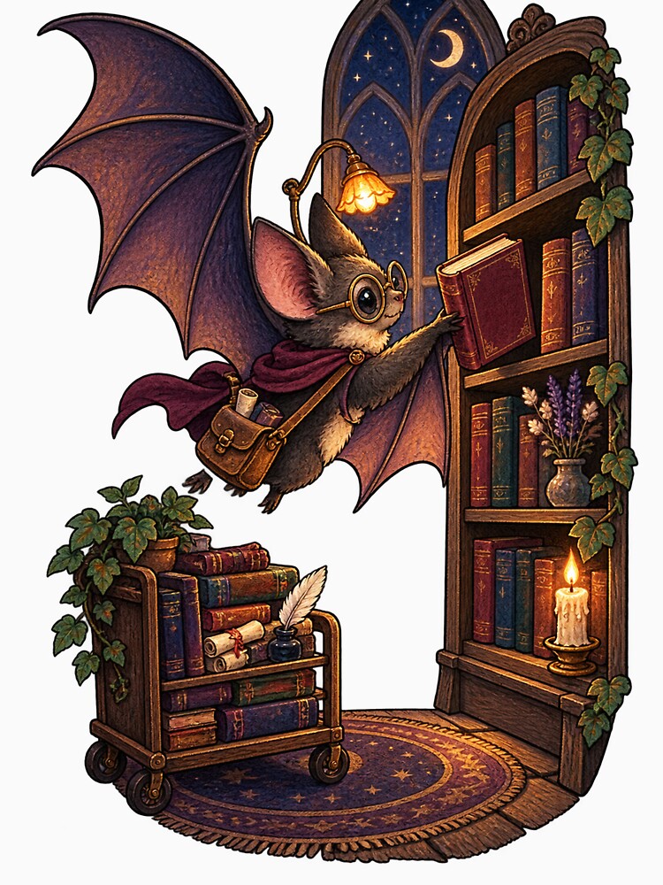 Bat Librarian Shelving a Midnight Book by Danioss