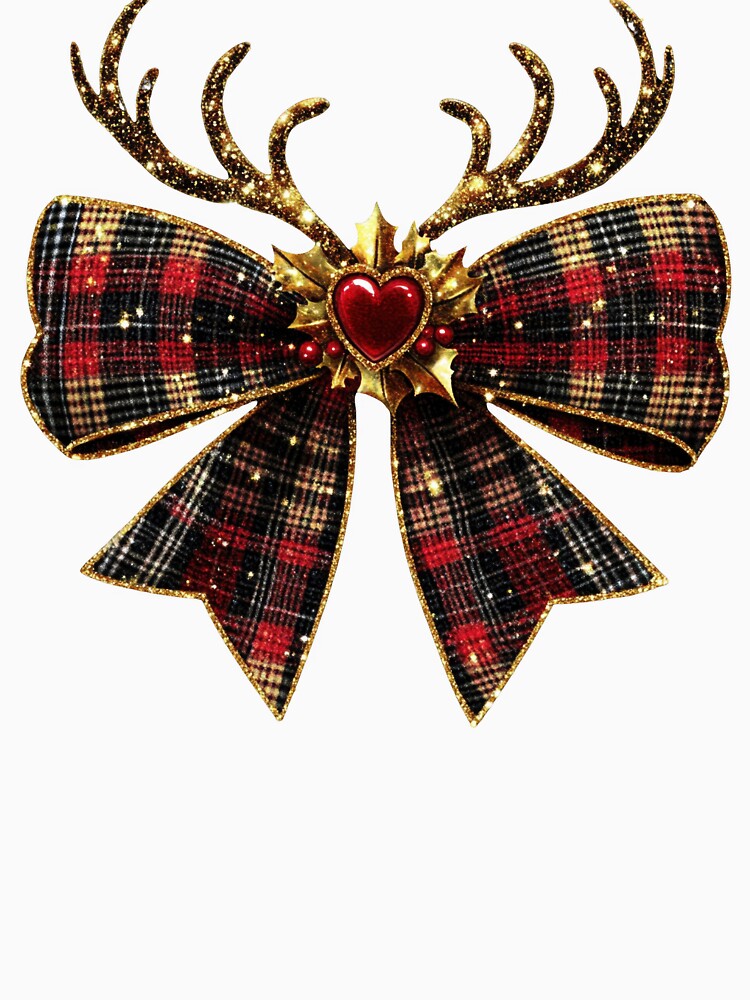 Rustic Red Heart Plaid Christmas Bow with Antlers & Holly by BabydellArt