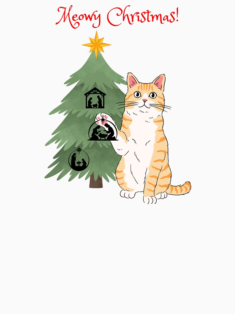 Meowy Christmas Orange Cat with Nativity Christmas Tree by MYCatStuff
