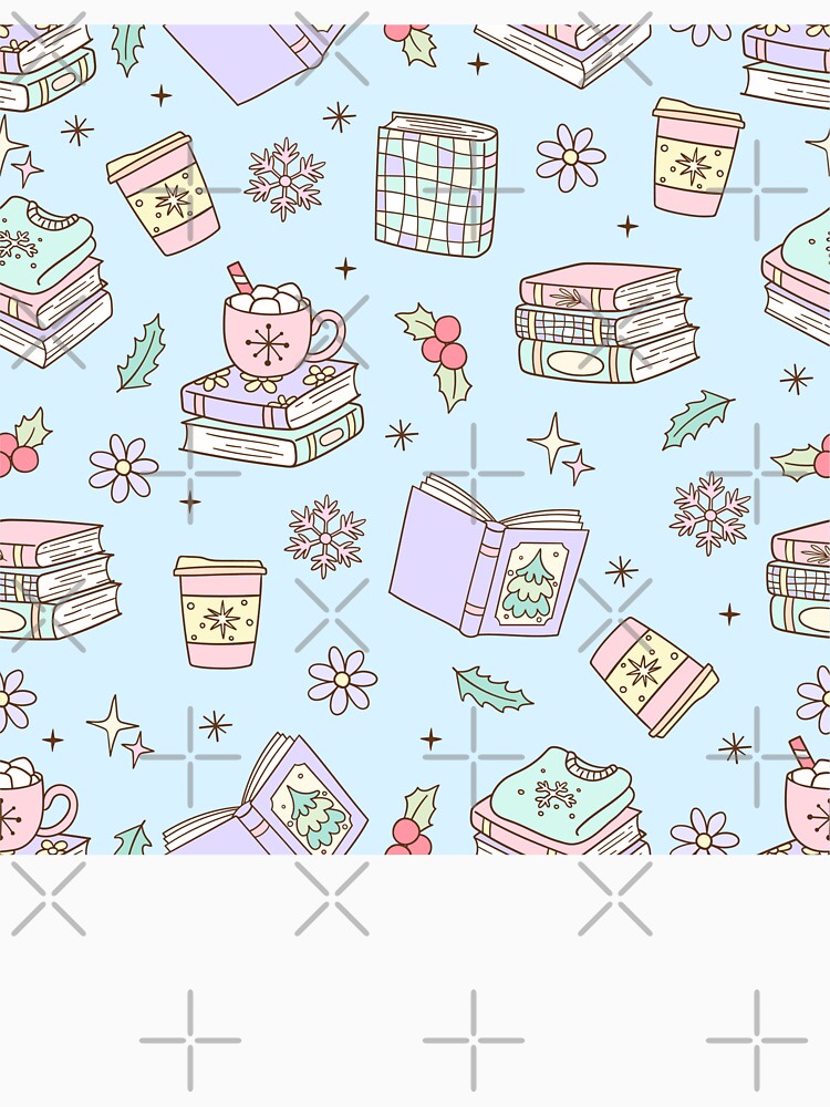 Kawaii Pastel Winter Pattern with Books, Coffee & Snowflakes by smeraldosecrets