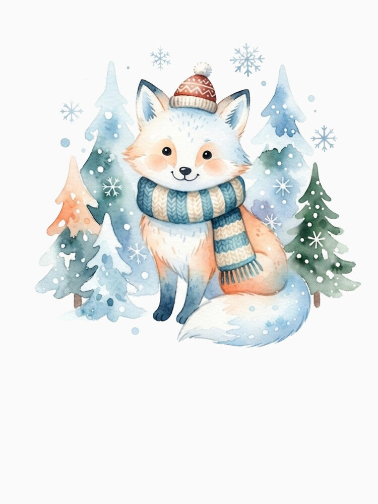Cute Winter Fox Watercolor Christmas Forest by ZyVoAli