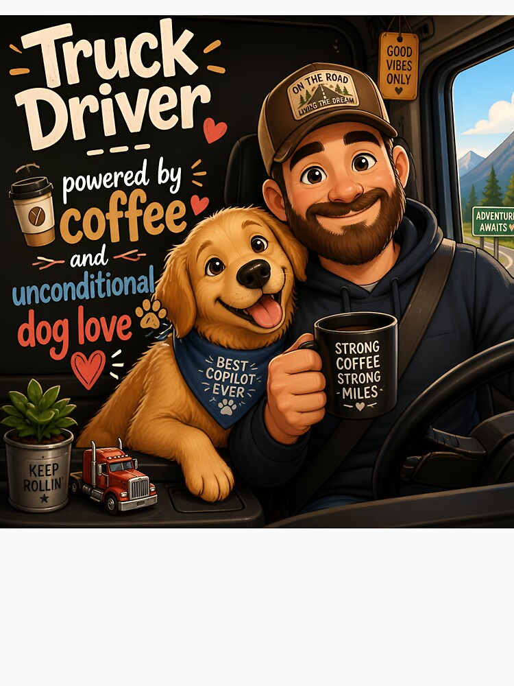 Truck Driver Powered by Coffee and Unconditional Dog Love — Funny Truck Driver Dog Dad Gift by DoggyDayLove