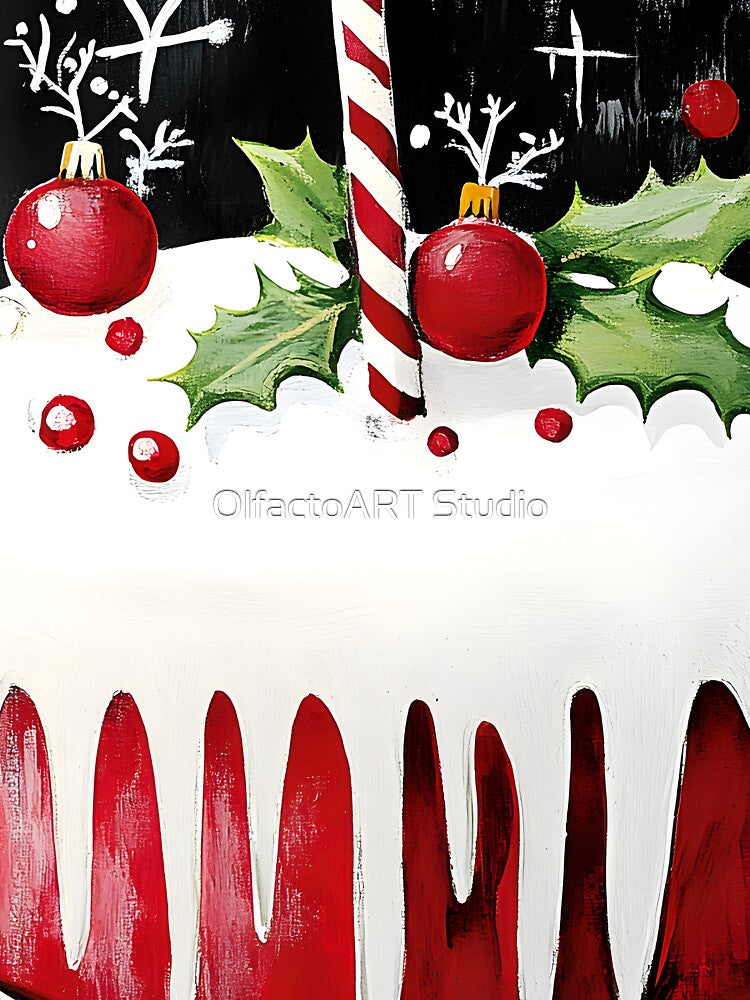 Festive Christmas Holiday Cake with White Icing and Red Ornaments Abstract Generative AI by OlfactoART Studio