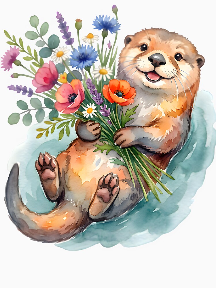 Joyful Watercolor Otter Holding a Bouquet of Wildflowers by Discount code