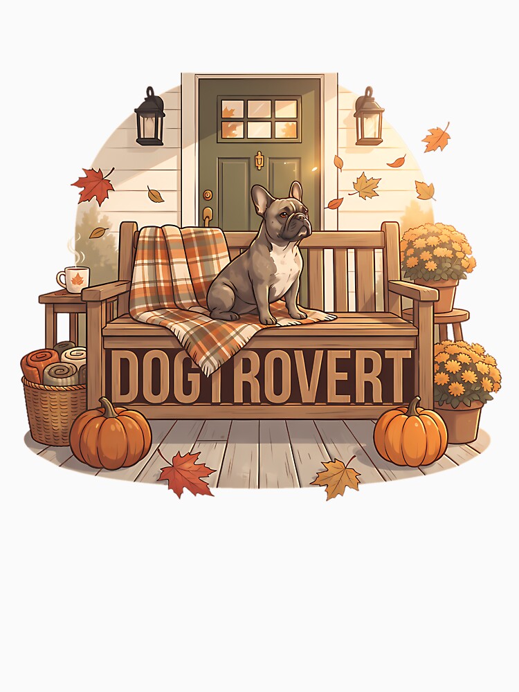 Cute Dogtrovert Frenchie Autumn Porch by christineirist