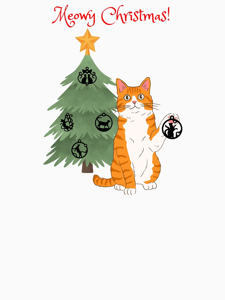Meowy Christmas Orange Tabby Cat Decorating Christmas Tree by MYCatStuff