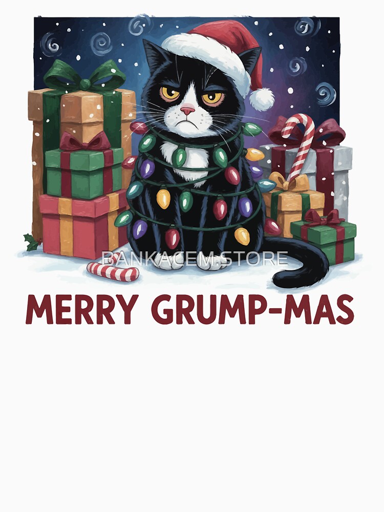 Merry Grump-mas Cat Holiday Illustration by BANKACEM.STORE
