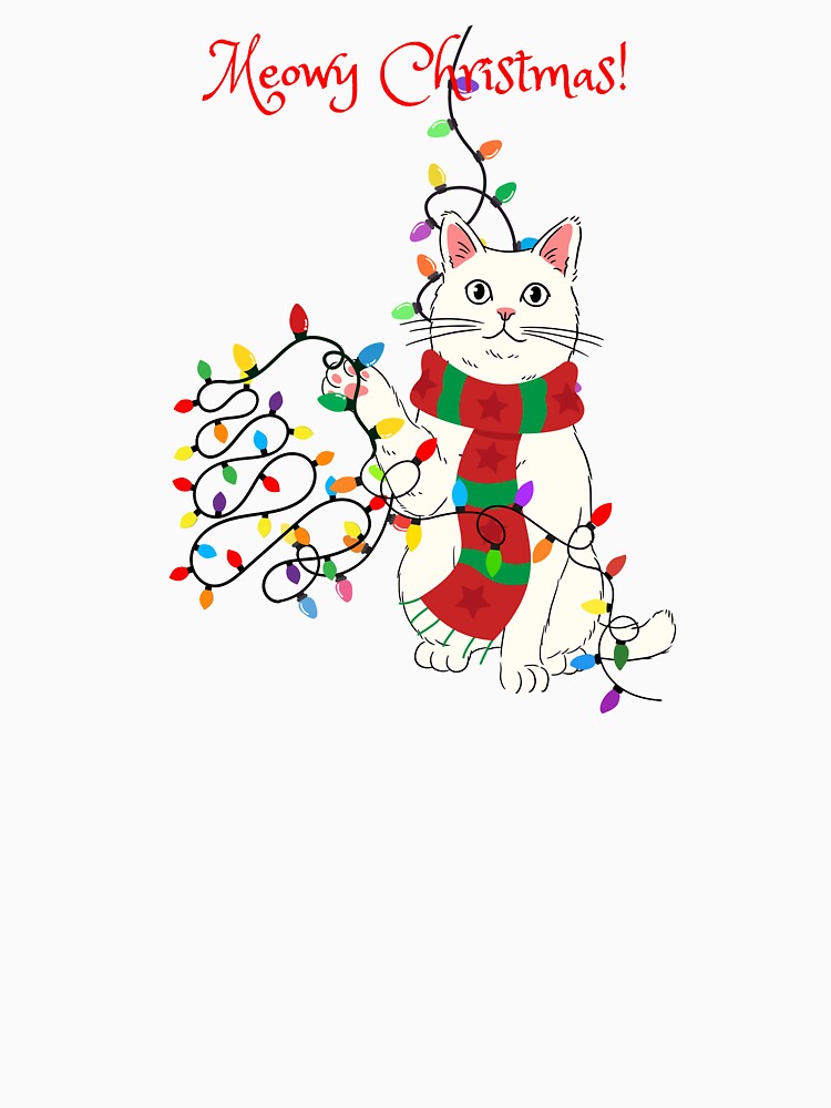 Meowy Christmas White Cat with Christmas Lights by MYCatStuff