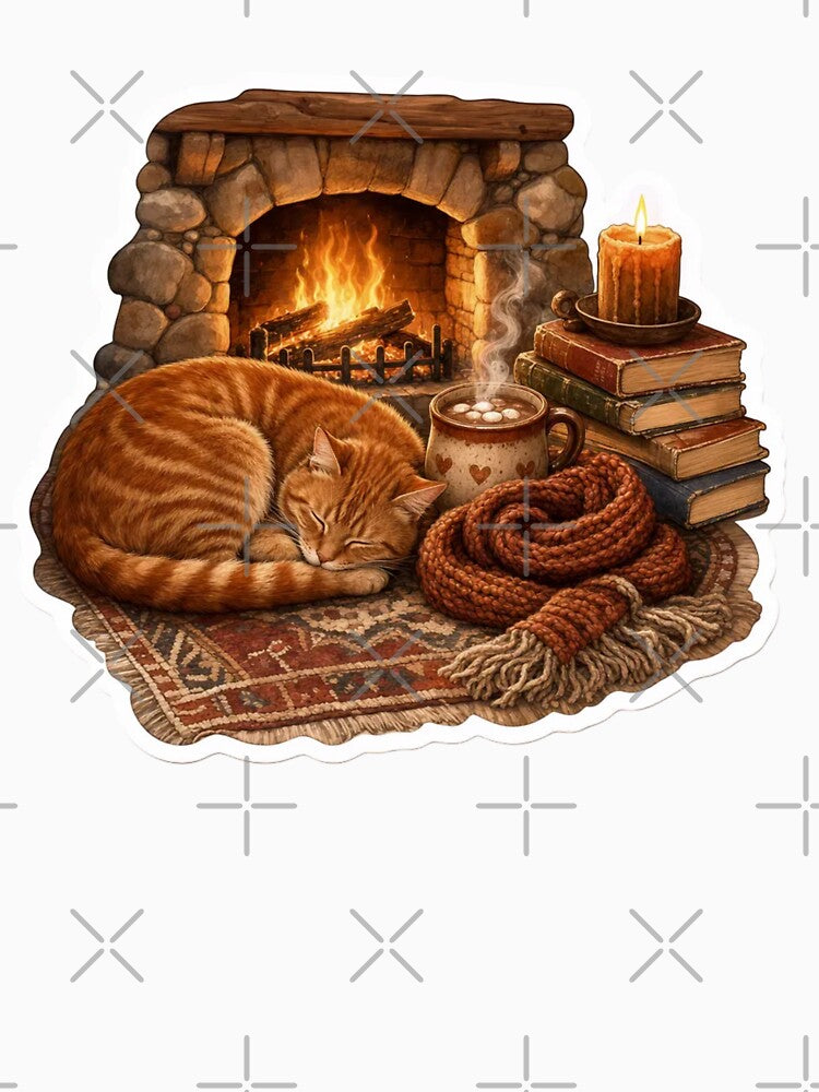 Cozy Cat Curled by a Winter Fireplace with Hot Cocoa and Wool Scarf by StickyGuys
