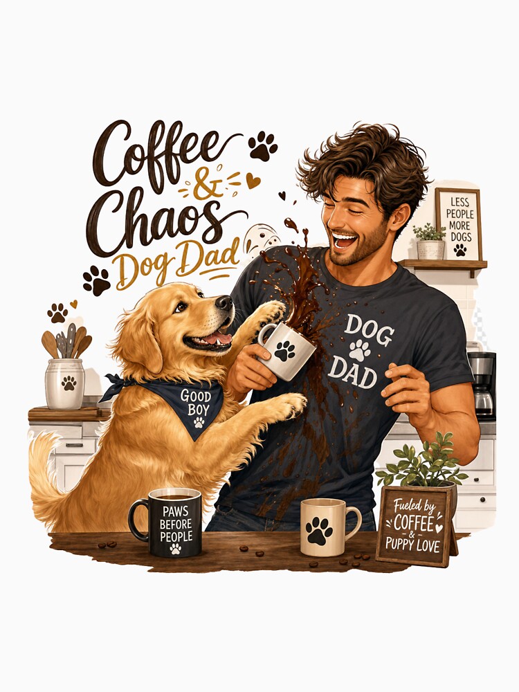 Coffee & Chaos Golden Retriever Dog Dad Kawaii T-Shirt Sticker by Ashley critters