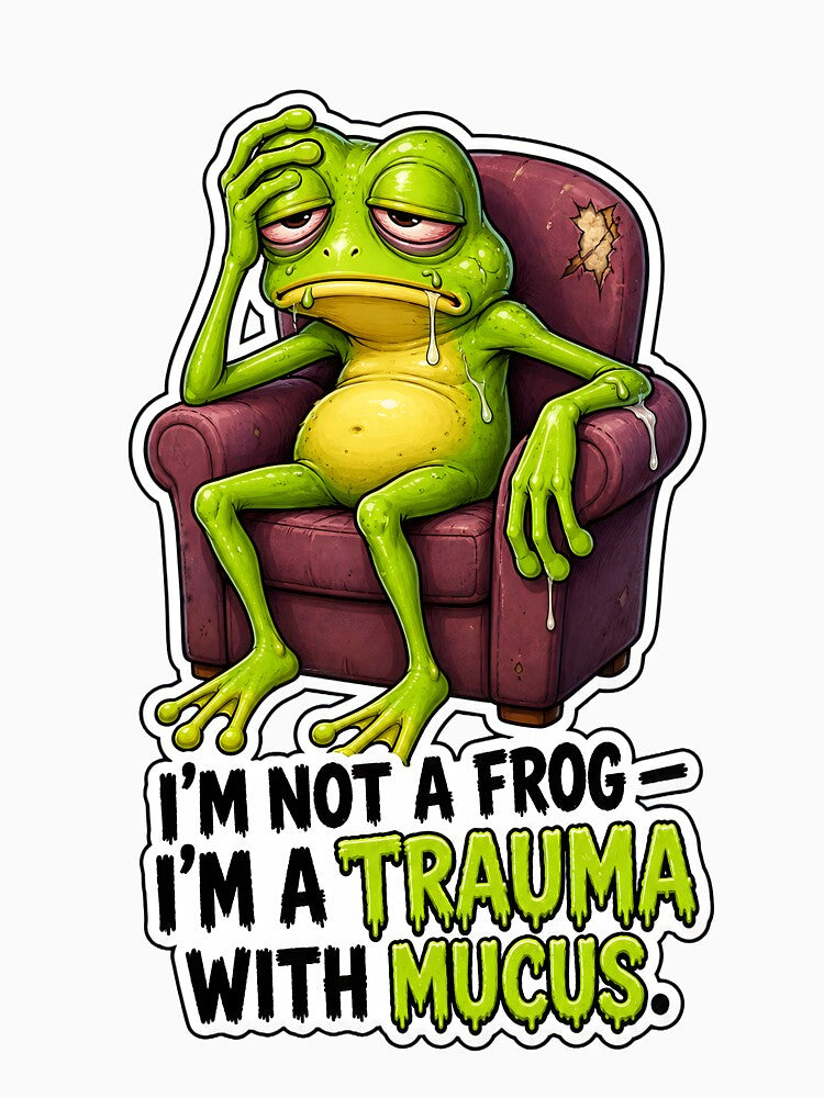 Trauma Frog – Tired Cartoon Frog in Armchair by Halbeskilo