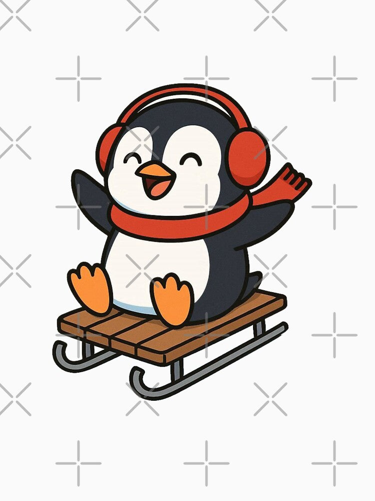 Playful Penguin Sliding on Snow Sled – Winter Fun Animal Illustration by Confuzz1ed