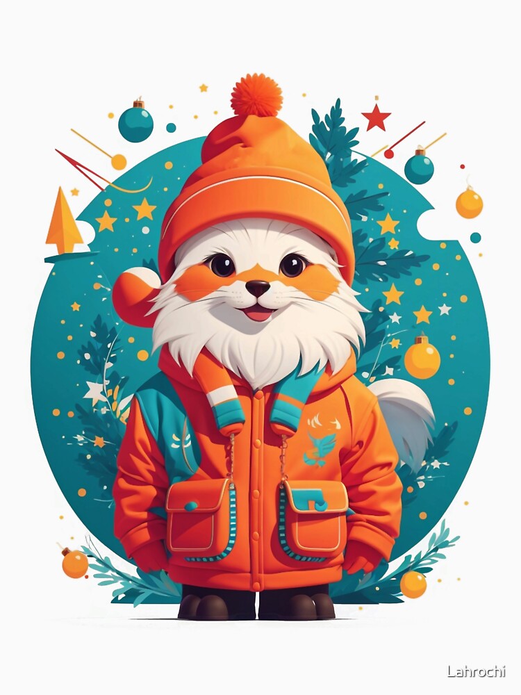 Adorable Canine Companion: A Pup in a Red Jacket and Hat ready for Christmas by Lahrochi