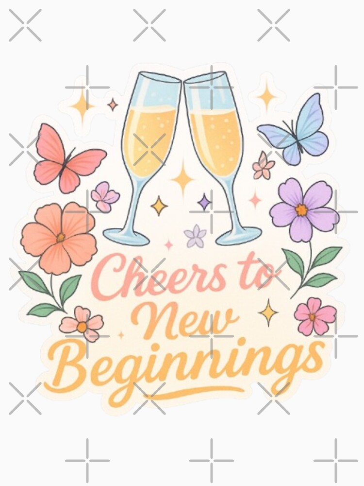 Cheers to New Beginnings Sticker – Floral Butterflies Pastel Aesthetic by Gurjeetpixelart