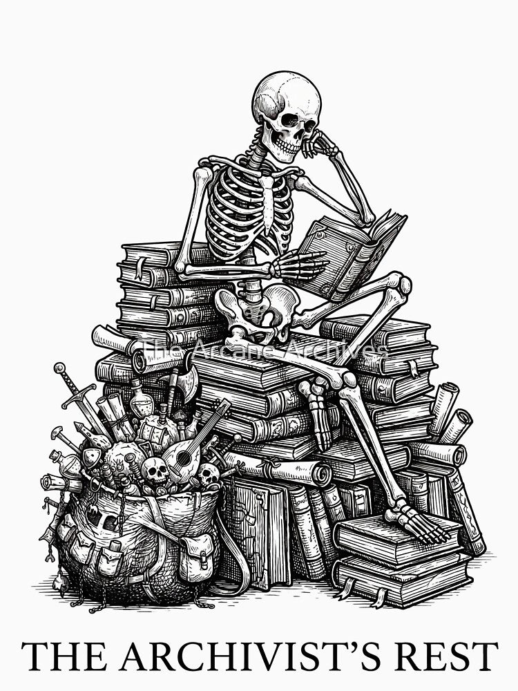 Resting Skeleton Scholar - The Archivist's Rest Woodcut by The Arcane Archives