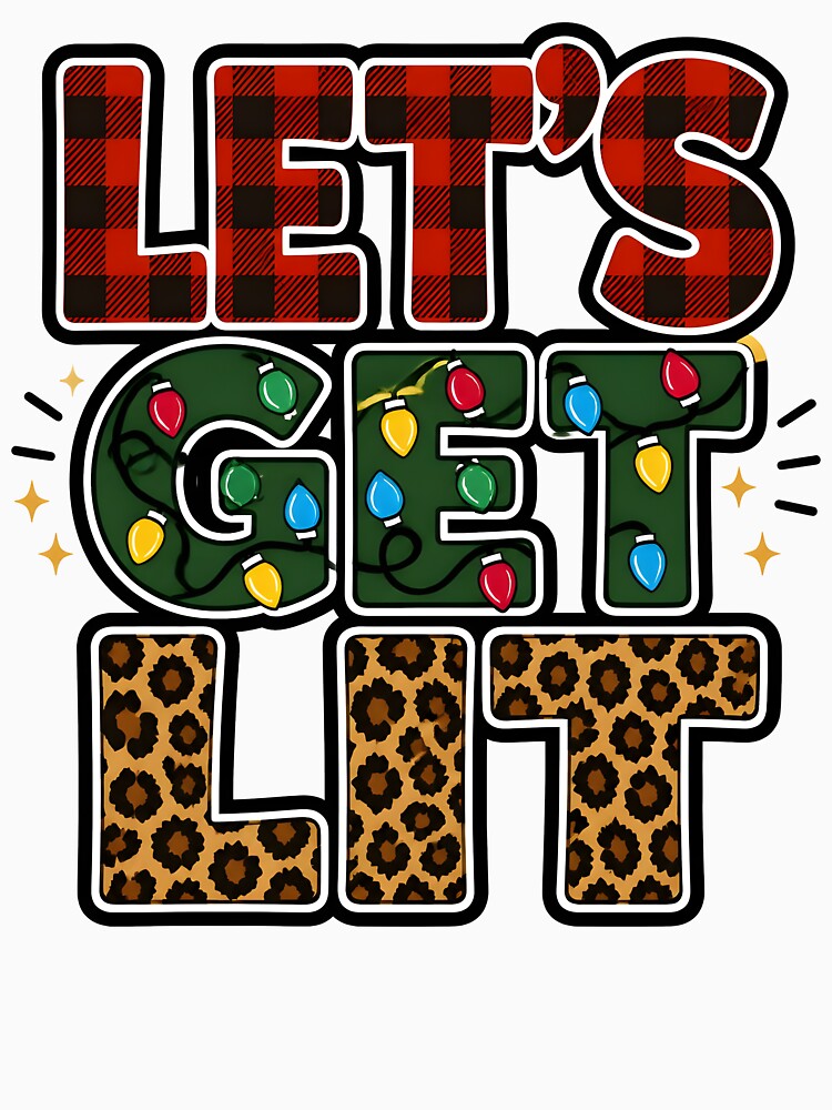 Let's Get Lit Red Plaid Leopard Christmas Typography by OliviaHayesArt