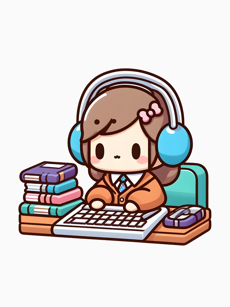 Kawaii Librarian With Headphones Typing On A Keyboard by CanvasCutie