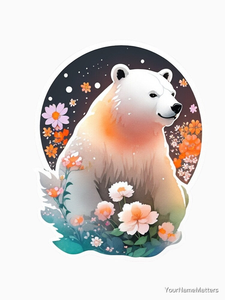 Heroic Polar bear with Watercolor Flowers at night by YourNameMatters