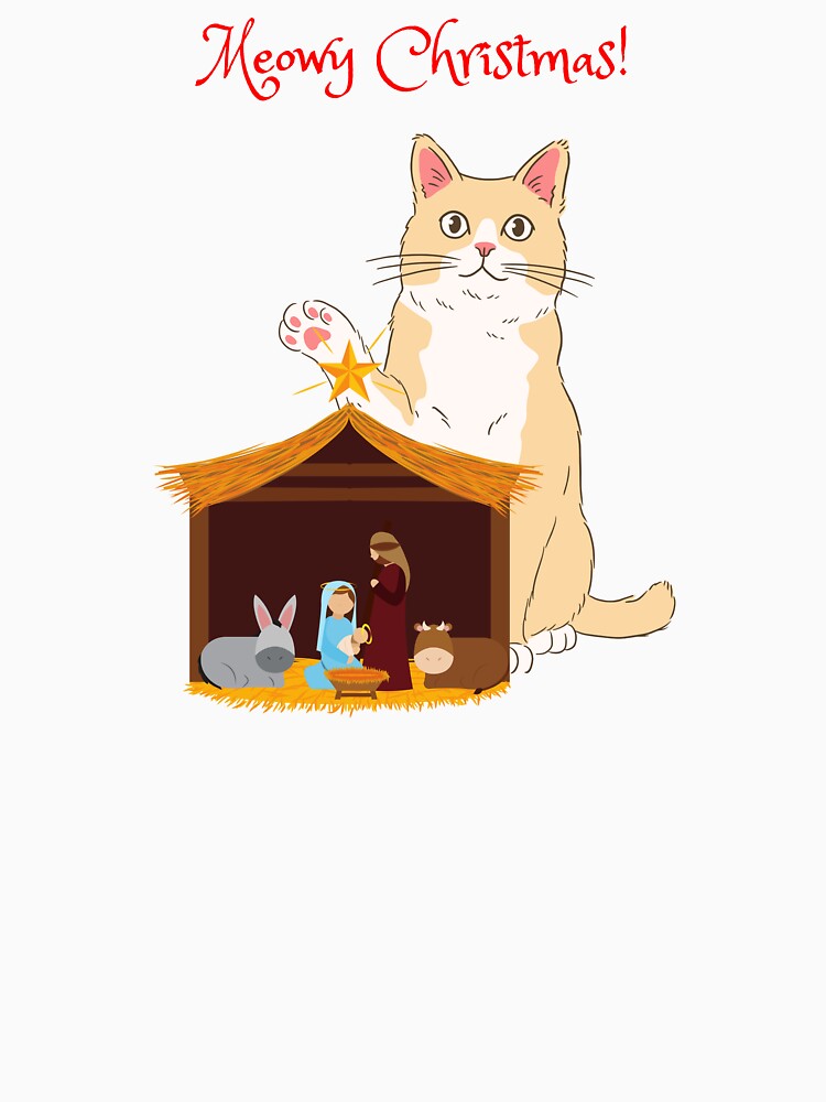 Meowy Christmas Orange Cat with Christian Nativity Set by MYCatStuff