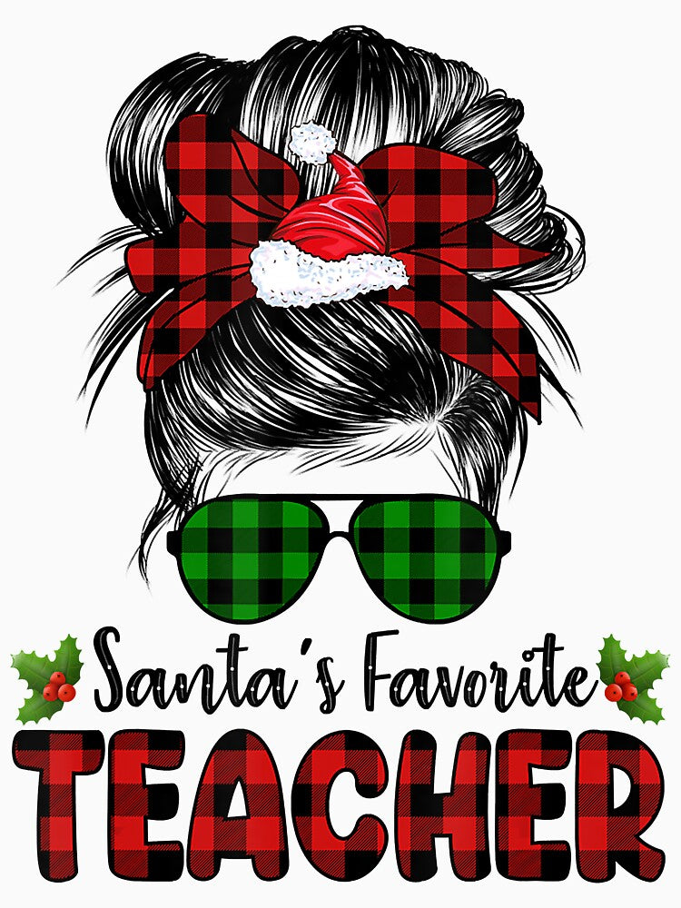 Santas Favorite Teacher Funny Christmas Santa Red Plaid by SethFrancis37