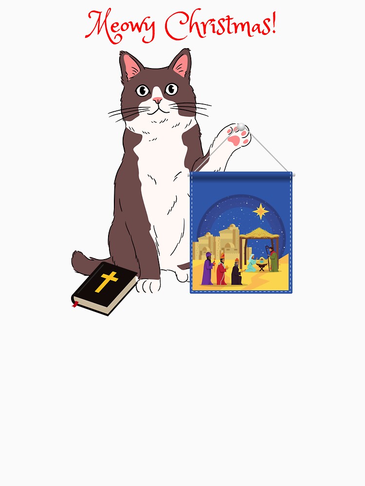 Meowy Christmas Gray Cat with Christian Nativity Banner by MYCatStuff