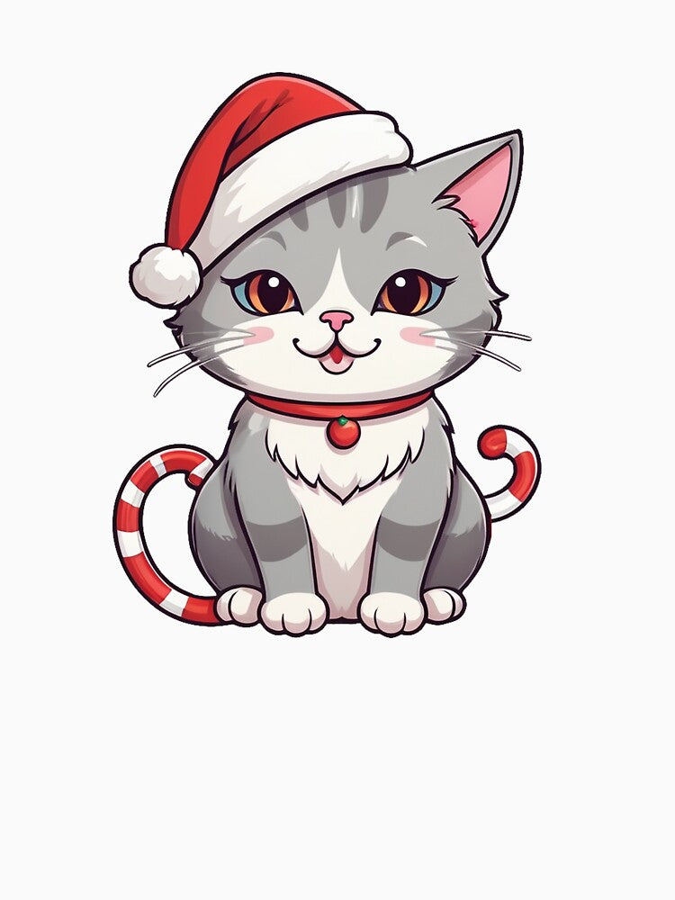 Meowy Christmas – Cute Cat with Santa Hat & Candy Cane Sticker by TheArtOfChaa