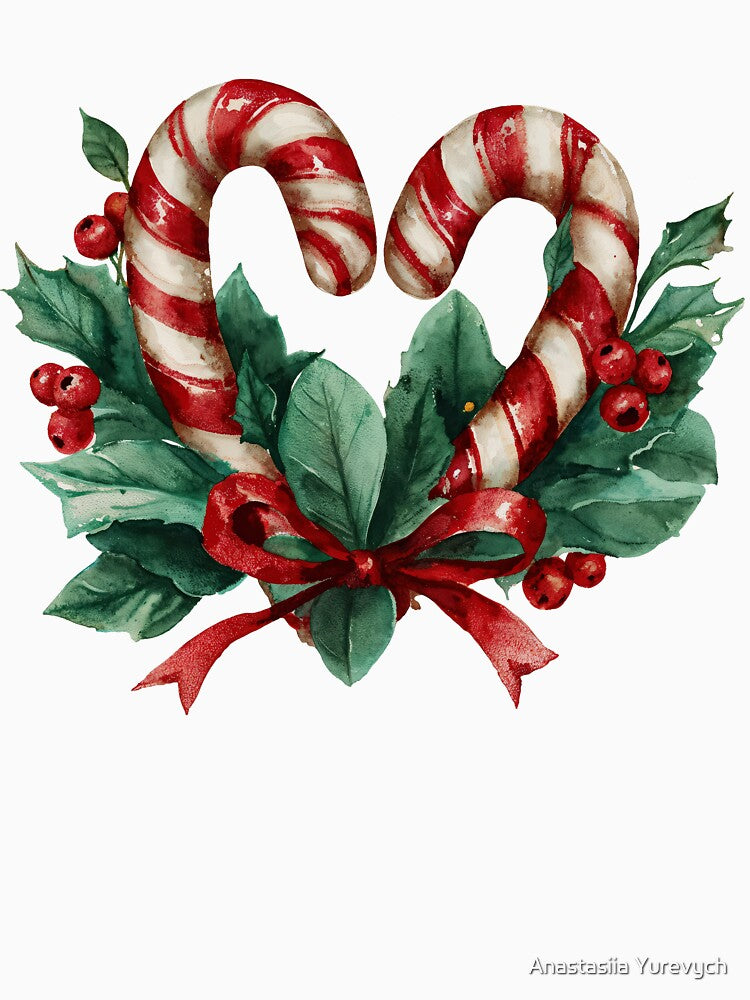 Candy Cane Heart. Christmas Watercolor Illustration with Holly and Bow by Anastasiia Yurevych