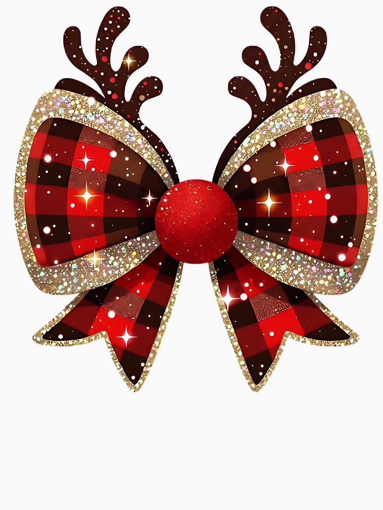 Buffalo Plaid Glitter Reindeer Bow PNG, Christmas Clipart, Sparkling Holiday Bow with Antlers, Festive Red Black Plaid Digital Design by WayneVanga