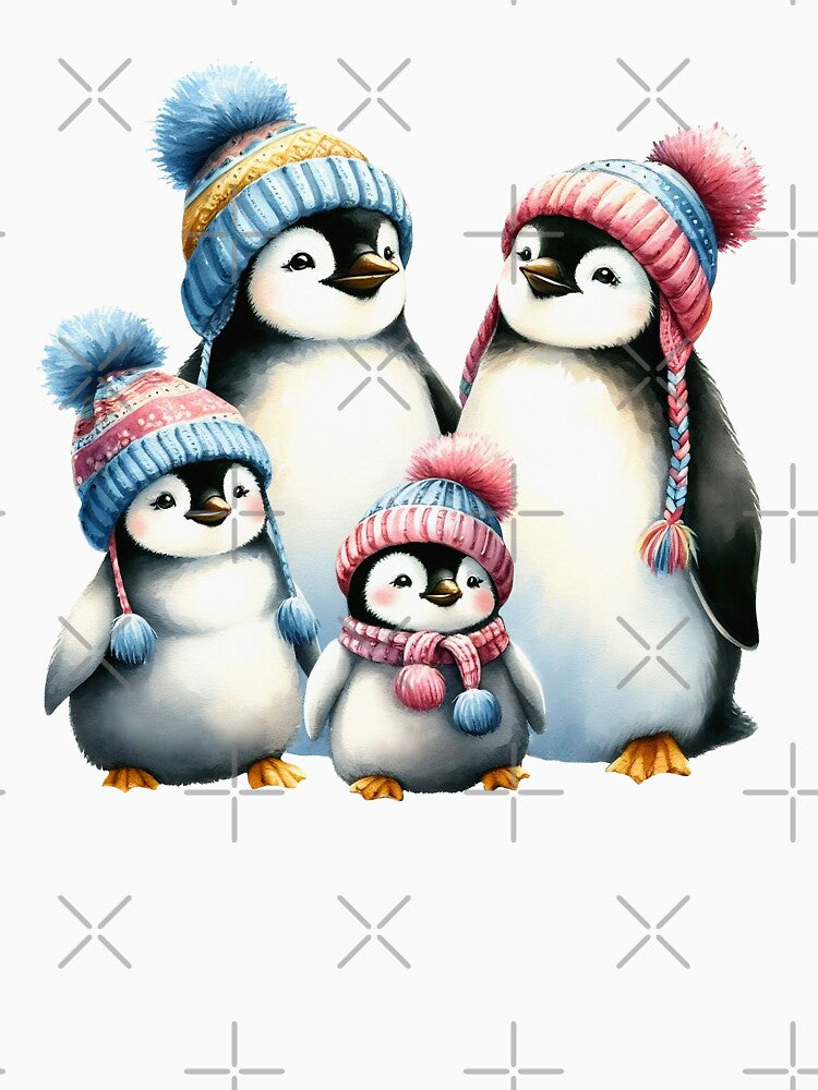 Penguin family in knitted hats and scarves, Winter penguins, Christmas penguins by Niktarka