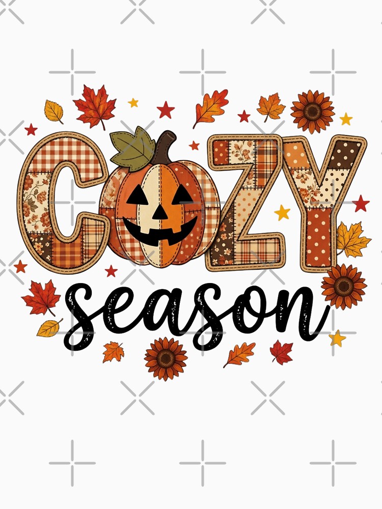 Cozy Season Patchwork Pumpkin Fall Autumn Leaves Retro Typography Graphic by raedattia