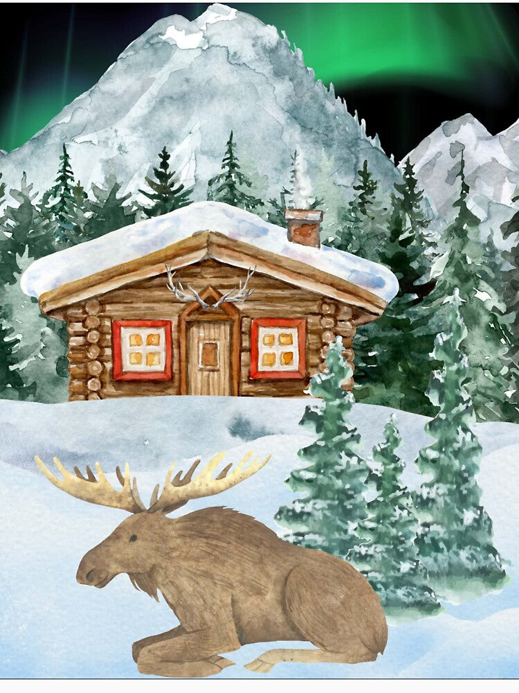 Scandinavian Log Cabin & Moose Under Northern Lights | Cozy Nordic Winter Snow Landscape Design by PureHopeStudio