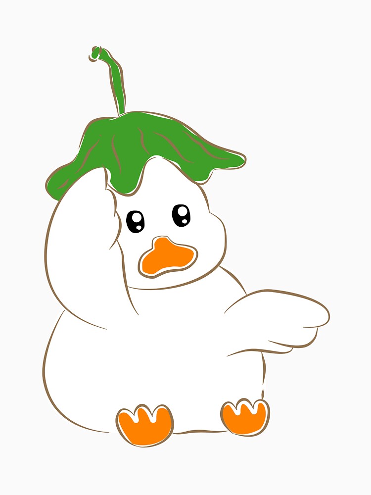 Cute white duck character wearing green leaf hat by Pe.peach