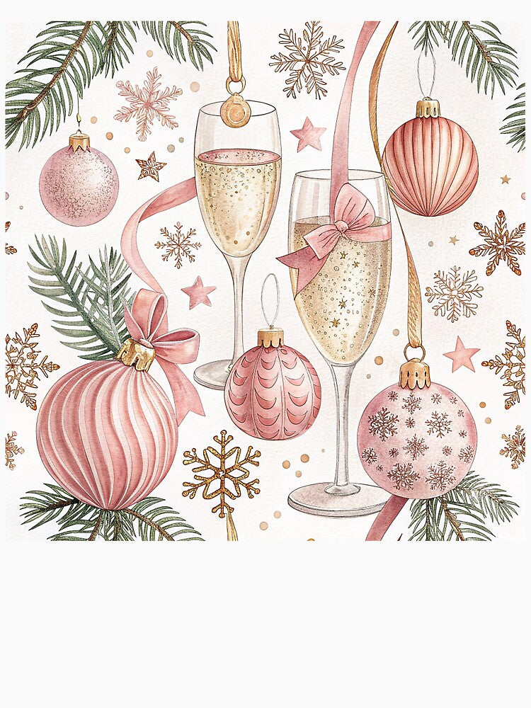 Pink Christmas bulbs with champagne and snowflakes by Merrylands Artshop