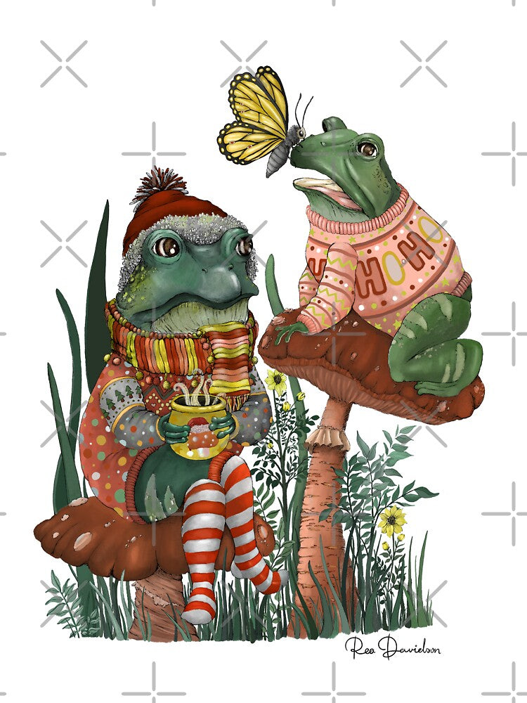Frog Friends Wearing Ugly Christmas Sweaters on Mushrooms by ReaDillo
