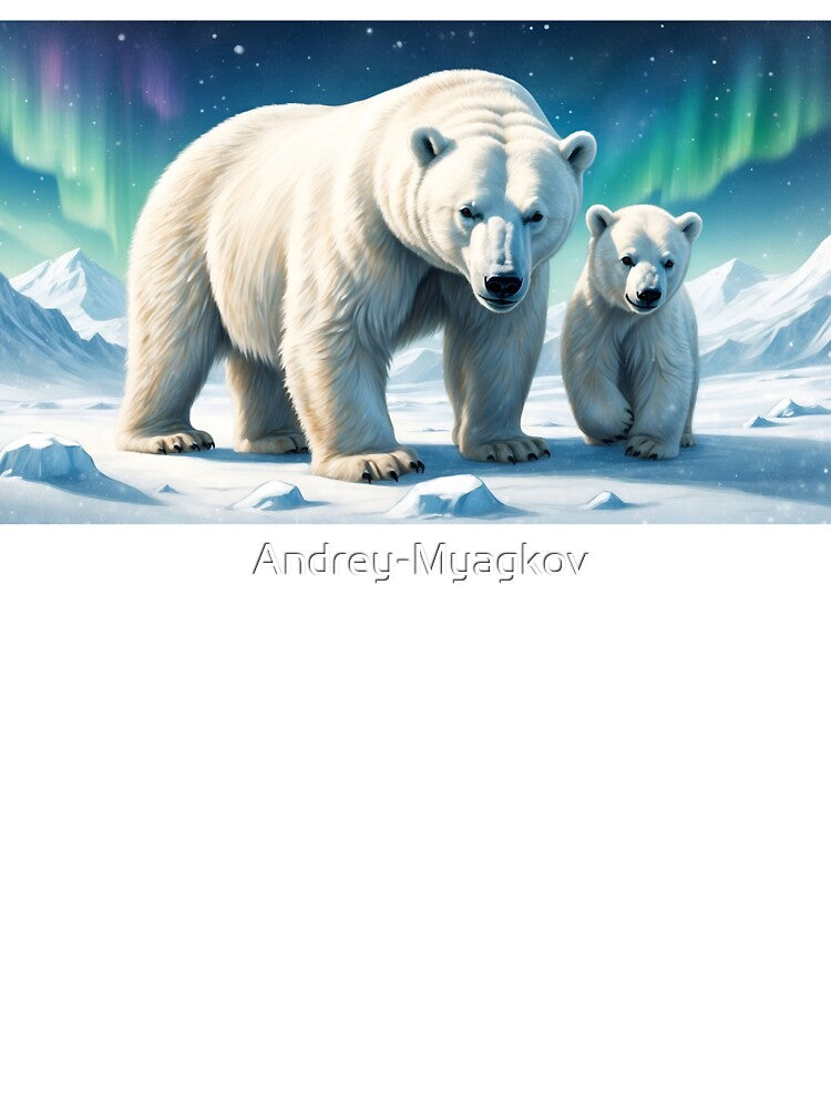 White polar bear with its young cub and Northern Lights ( Aurora borealis ) by Andrey-Myagkov