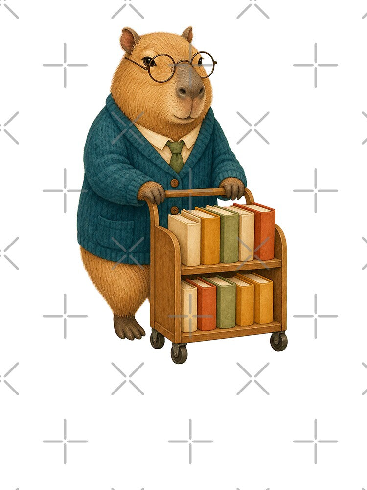Capybara Librarian Pushing a Tiny Book Cart by Freshloop Studio | Whimsical Vintage Art