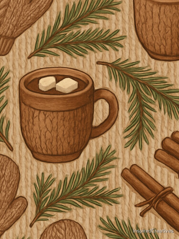 Cozy Winter Mittens and Hot Cocoa Pattern – Rustic Holiday Seamless Design by InspiredCreatives