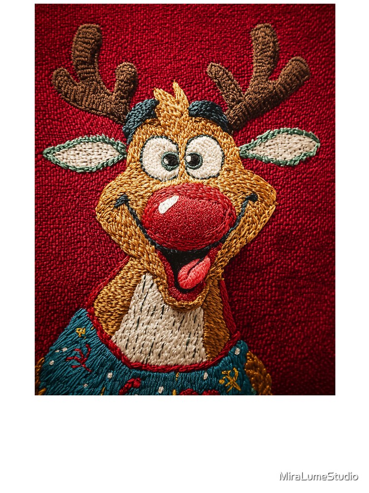 Festive Reindeer Needlework – Whimsical Holiday Embroidery Illustration by MiraLumeStudio