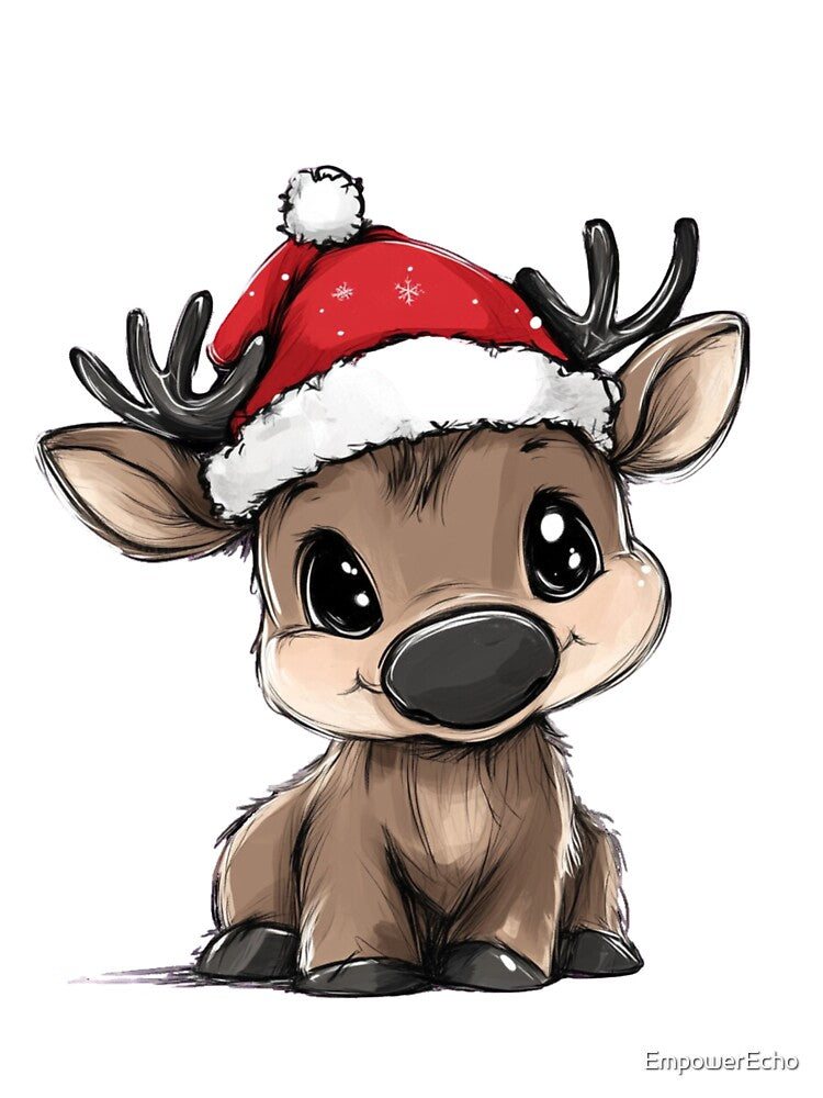 A smiling baby reindeer with a Christmas hat by EmpowerEcho