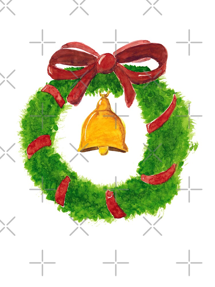 Watercolor illustration of Christmas wreath with a bow and bell by FuzzyLogicKate