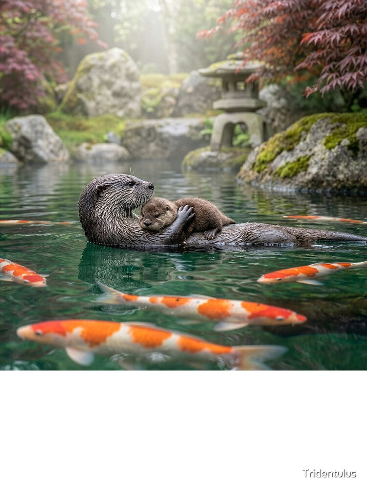 Otter Mom and Pup in Japanese Garden by Tridentulus