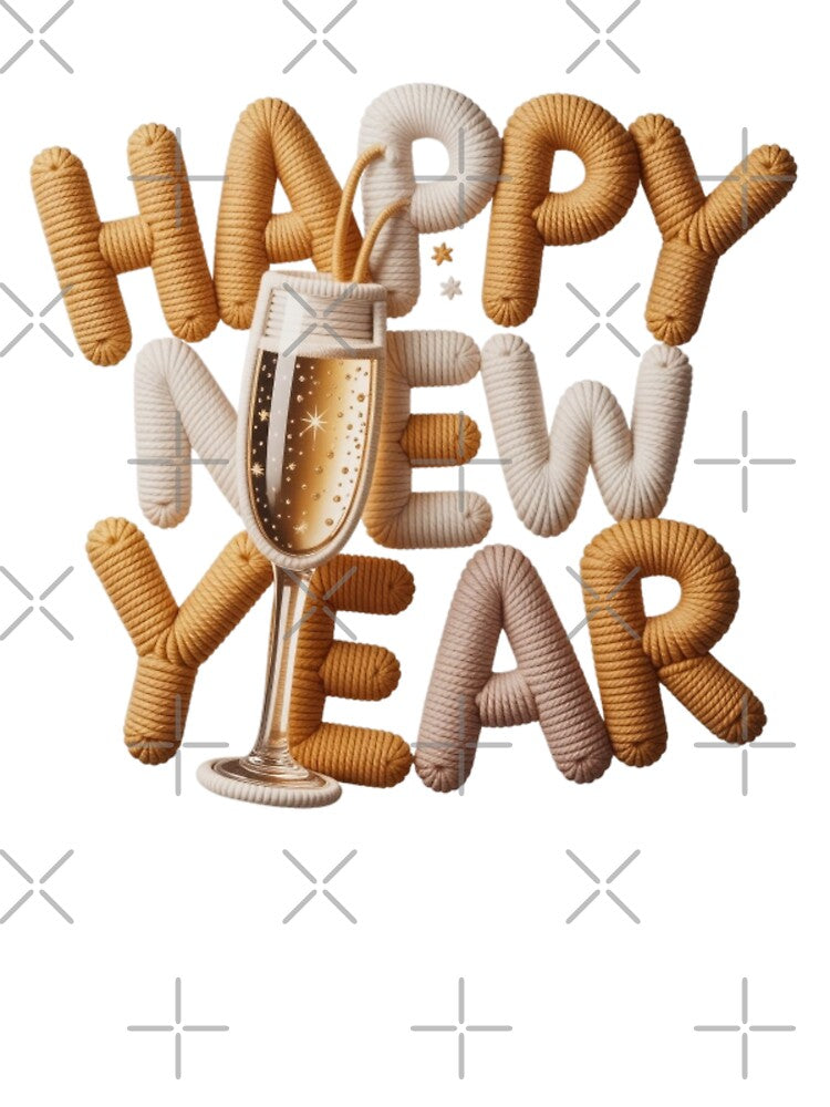Happy New Year Faux Yarn Text Art with Champagne Cozy Crochet New Year Design by Mad Mama Designs