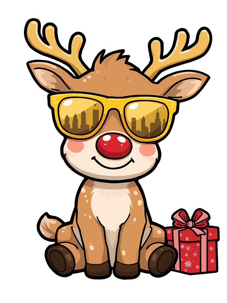 Cool Christmas Reindeer with Sunglasses and Gift Box – Fun Holiday Illustration in Chibi Cartoon Style by PixelVibe782
